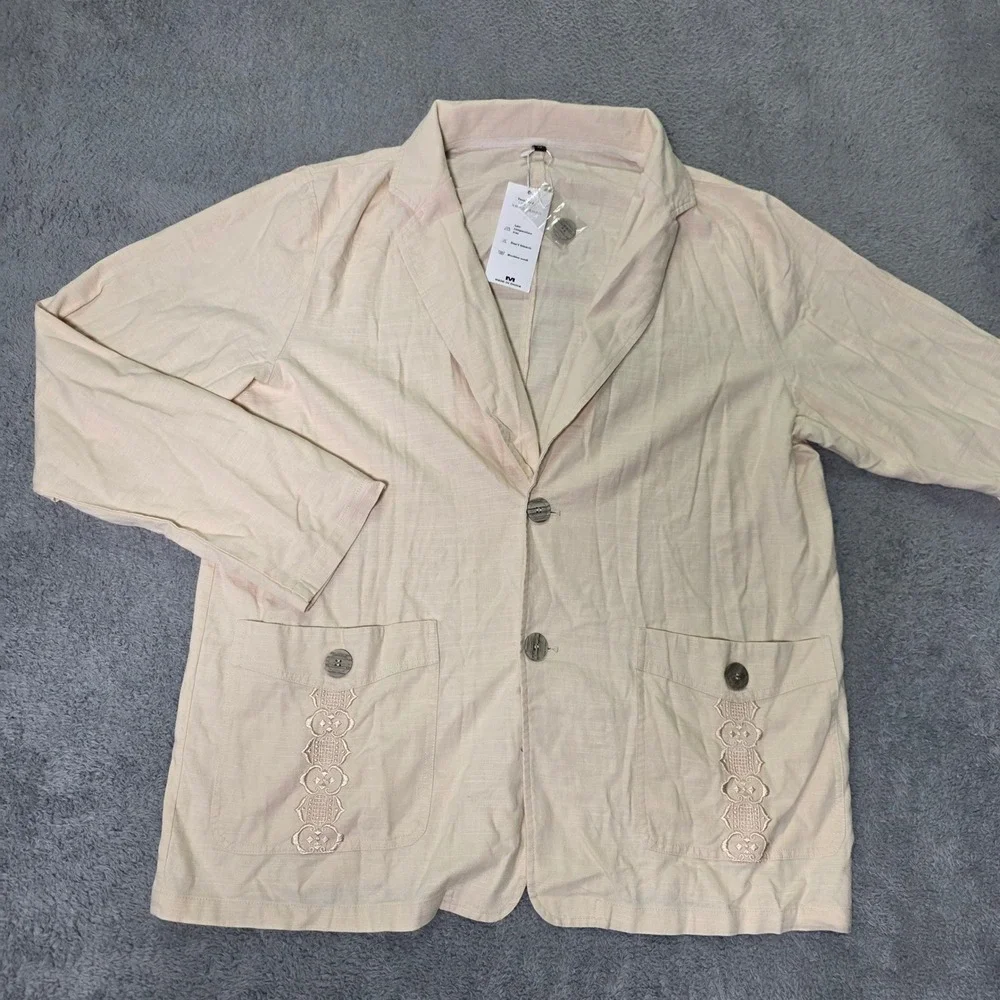 Mens M Blazer Cream Linen Blend Embroidered Pocket Casual XR22.A833